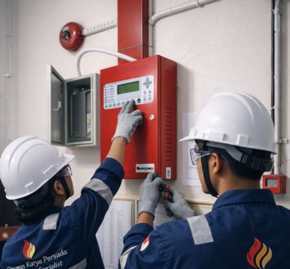 Fire alarm system installation with control panel, detectors, and sounders