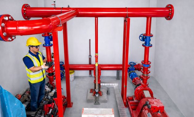 Fire pump room setup with controllers, gauges, and commissioning checks